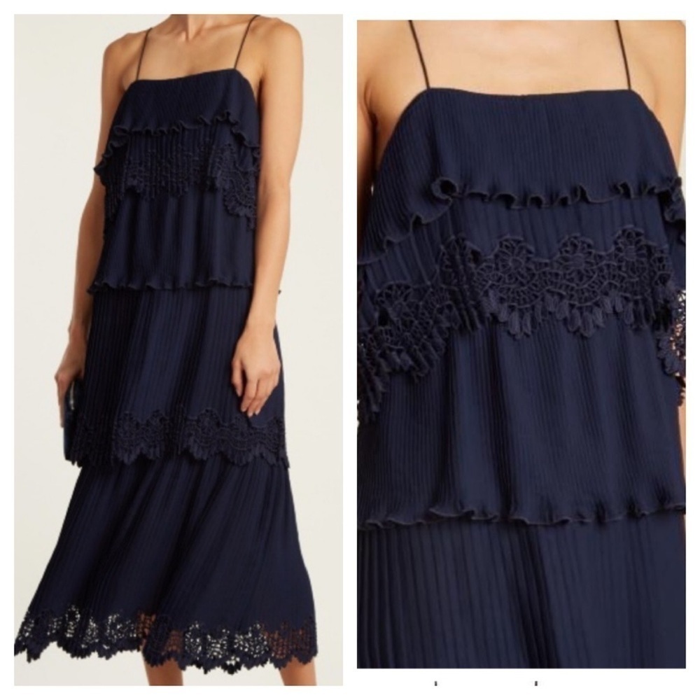Self Portrait / NWT floral lace midi micro pleated tiered navy dress UK 6 US 2